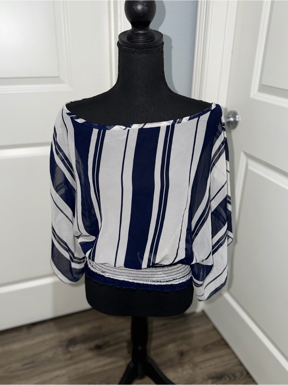 Striped Navy and White Boatneck Blouse with Smocked Hem size large